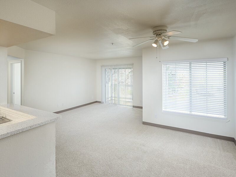 Living Room with Ceiling Fan and Window with Carpeted Flooring | Dayton Meadows