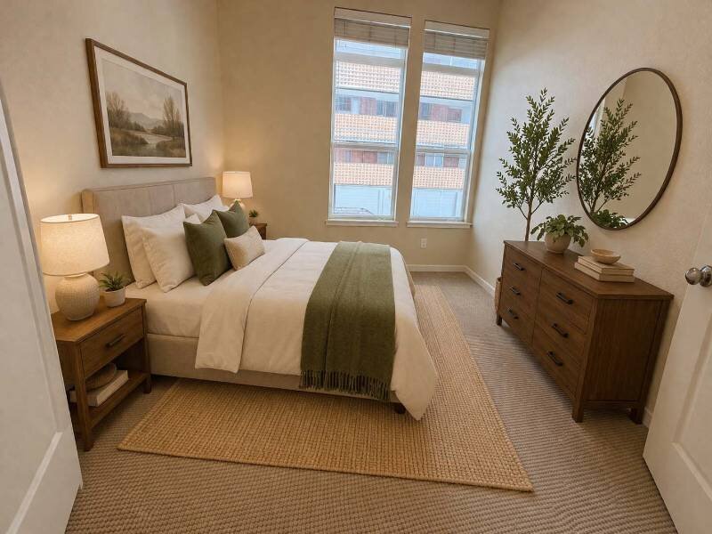 Staged Bedroom with Large Windows | Residence at University Hills Apartments