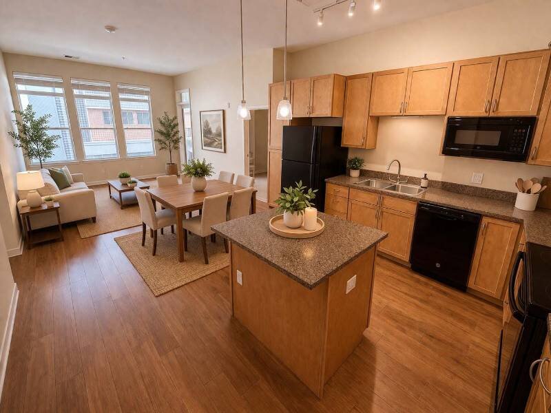 Staged Kitchen and Living Room | Residence at University Hills Apartments