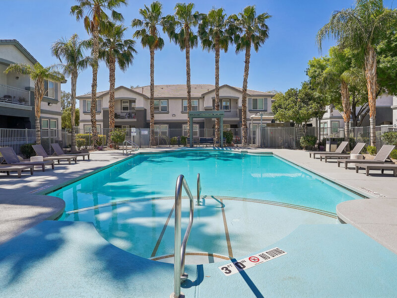 Outdoor Pool with Views of Palm Trees and Apartment Property | Fleetwood Apartments
