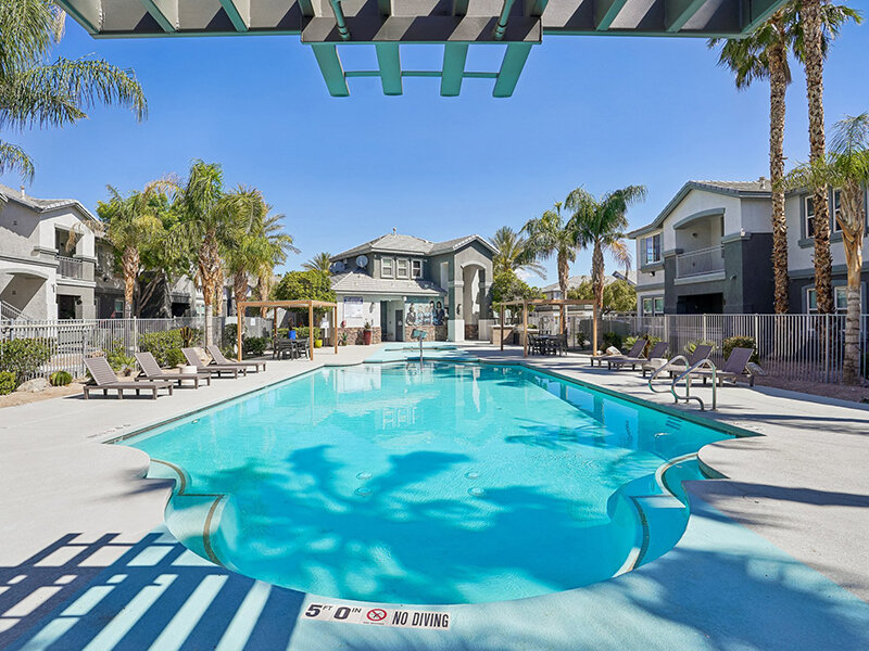 Outdoor Pool with Pavilion and Views of Apartment Complex | Fleetwood Apartments