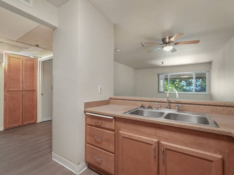 Kitchen with Living Room View | Albert Einstein Apartments