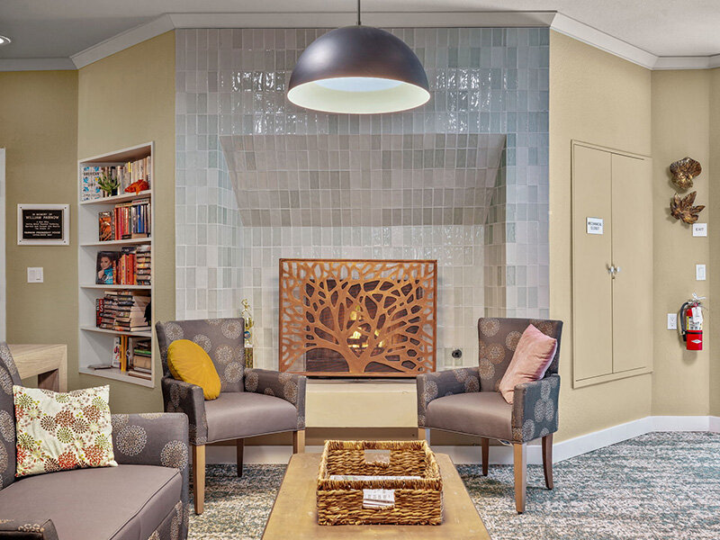 Community Seating with Fireplace and Bookshelves |  Parnow Friendship House