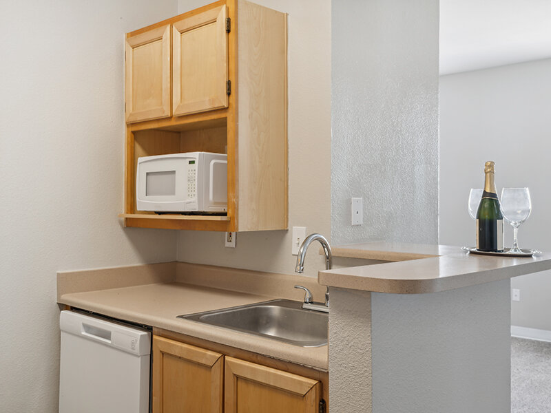 Kitchen with Microwave and Kitchen Sink with Wood Style Cupboards | Villa De San Felipe