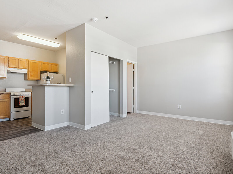 Carpeted Living Room and Kitchen Entry | Villa De San Felipe