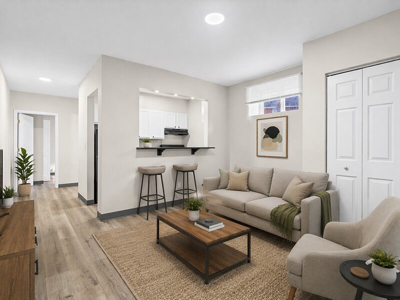 Modeled Living Room with Rug and Wood Style Flooring | The Mayflower