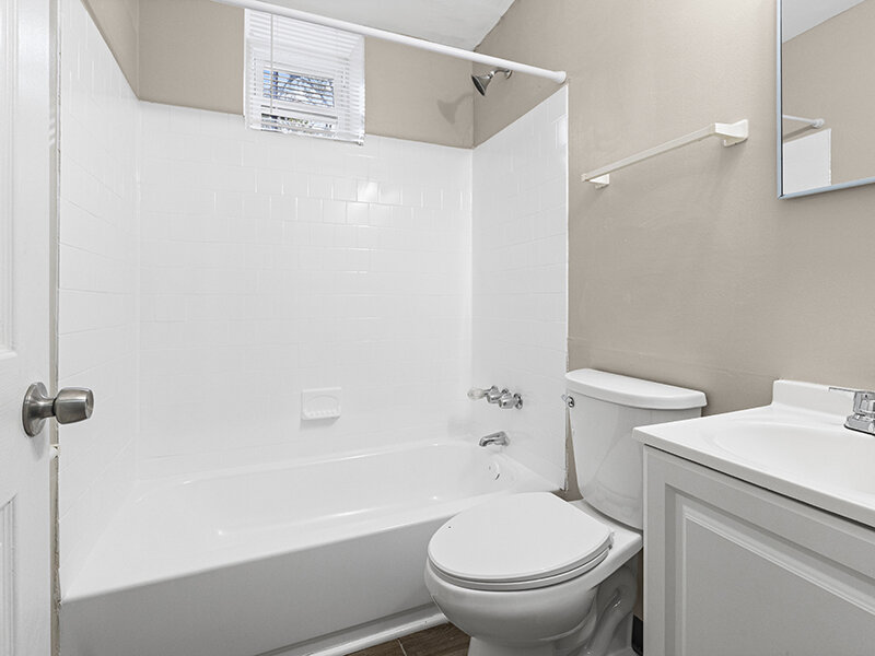 Bathroom with Shower and Tile Styled Flooring | The Mayflower