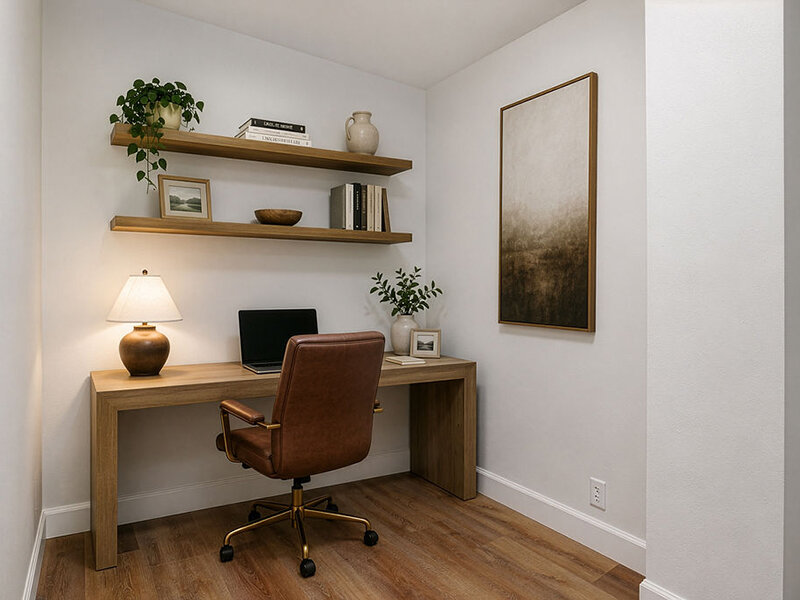 Apartment Office with Wood Style Flooring and Wall Art | Residences at J Ranch