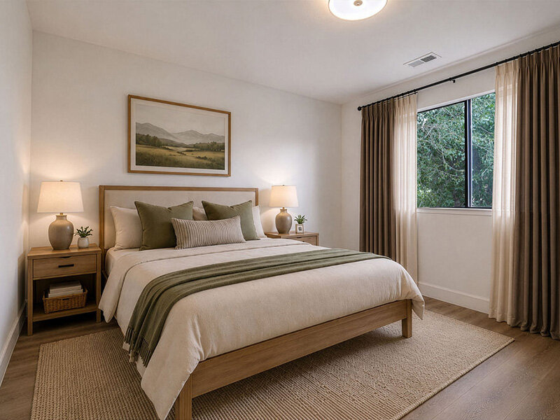 Furnished Bedroom with Ceiling Light and Window | Residences at J Ranch