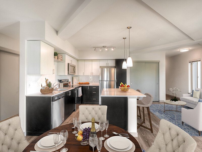 Kitchen with Entry to Living Room and Hanging Ceiling Lights | Tria