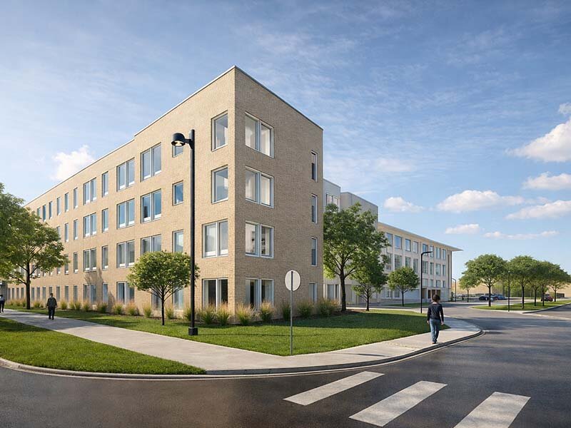 Exterior Apartment Complex with Crosswalk Rendering | King's Crossing Village