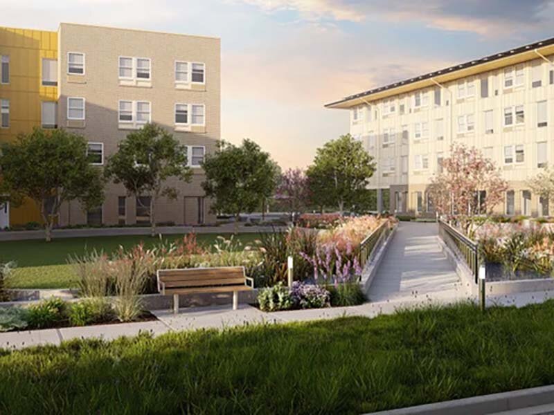 Exterior Courtyard View with Foiliage and Seating Rendering | King's Crossing Village