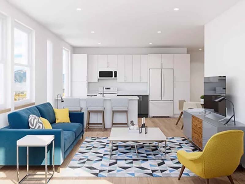 Kitchen Area with Living Room and Television Rendering | King's Crossing Village