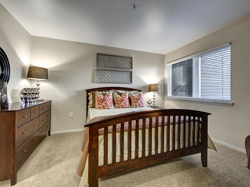 Apartment Bedroom with Carpeted Floors and Window | The Willows at Printers Park Apartments