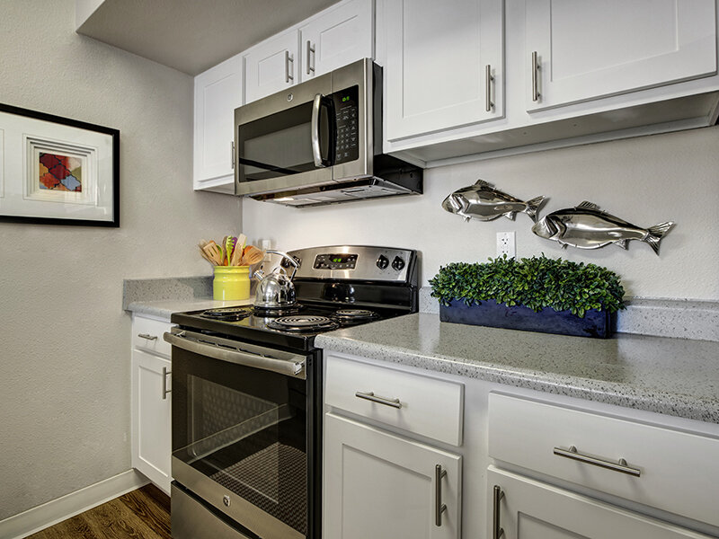 Apartment Kitchen with Tile Styled Countertops and Microwave with Stove | The Willows at Printers Park Apartments