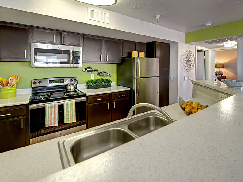 Kitchen with Sink and Wood Styled Cabinets | The Willows at Printers Park Apartments