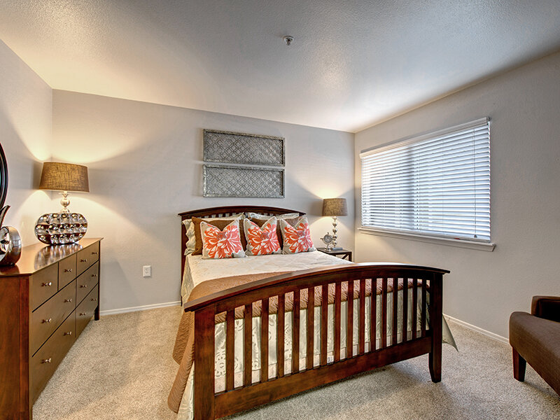 Apartment Bedroom with Window and Carpeted Flooring | The Willows at Printers Park Apartments