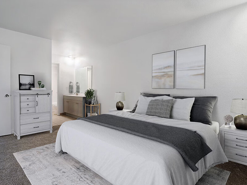 Bedroom with Wall Art and NIght Stand | Highland Commons