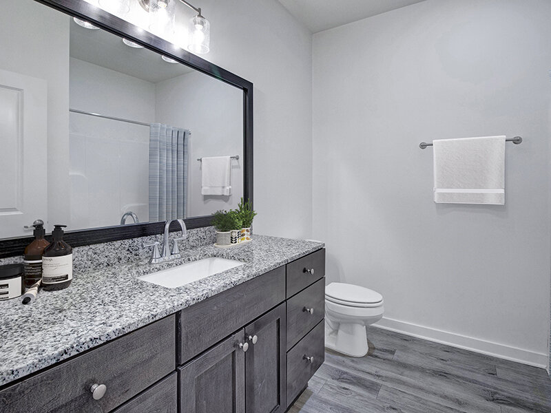 Bathroom with Mirror and Wood Styled Floors | Merchants Walk