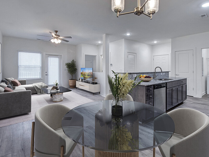 Living Room with Dining Table and Ceiling Fan | Merchants Walk