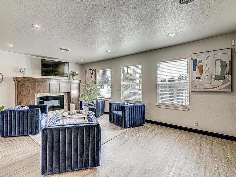 Community Clubhouse with Seating and Fireplace | Avia Lofts at Founders Road