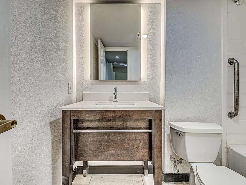 Bathroom Sink with Mirror and View of Shower | Avia Lofts at Founders Road