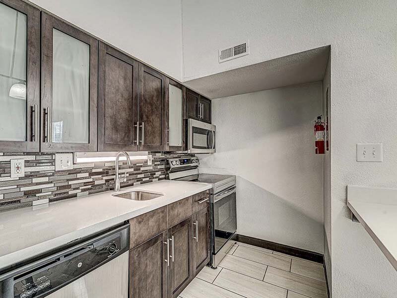 Ktichen with Sink and Wood Style Cabinets | Avia Lofts at Founders Road