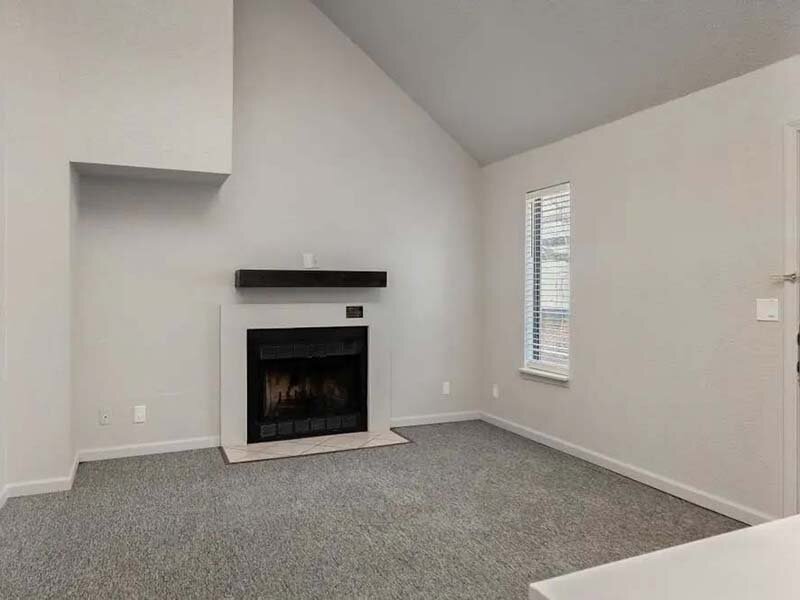 Interior Apartment Living Room with Fireplace and Carpeted Flooring | Avia at 110th St