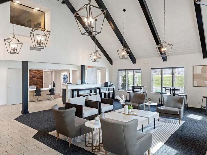 Community Clubhouse with Seating and Ceiling Lights | Avia at 110th St