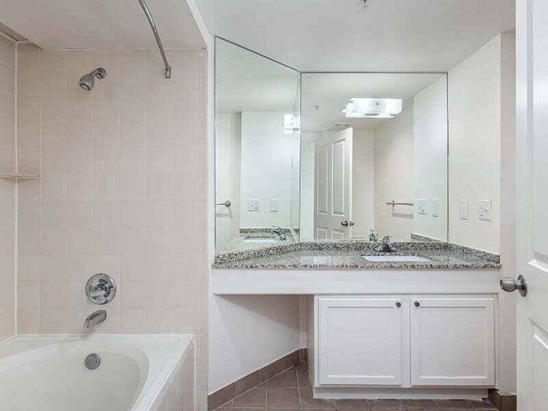 Apartment Bathroom with Views of Shower and Sink | Avia on College Boulevard