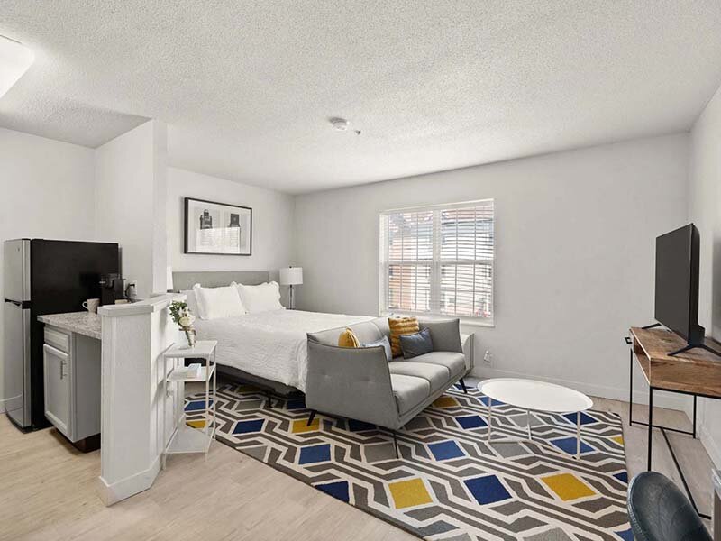 Apartment Bedroom with Decorative Rug and Window | Avia Lofts at North Shore