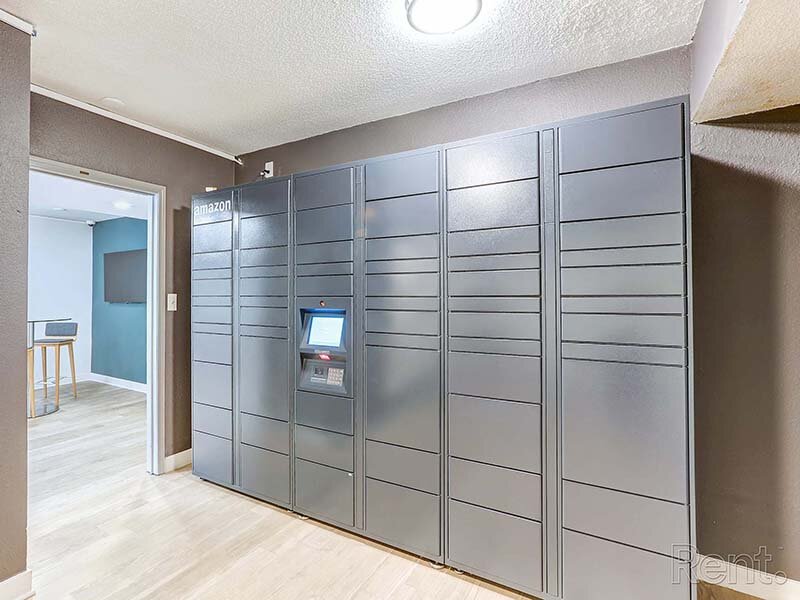 Community Parcel Lockers with Ceiling Light and Wood Style Flooring | Avia Lofts at North Shore