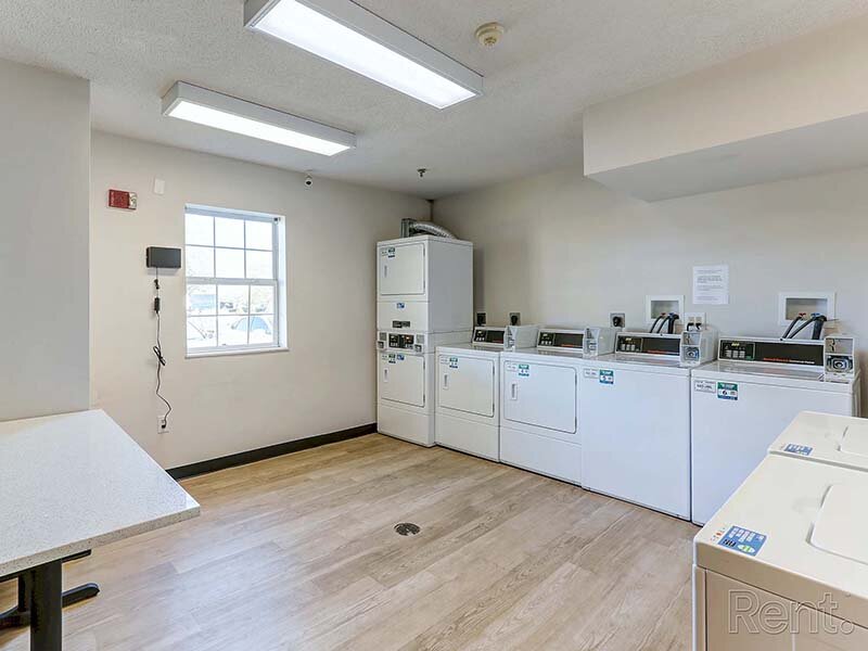 Community Laundry with Ceiling Lights and Wood Style Flooring | Avia Lofts at North Shore