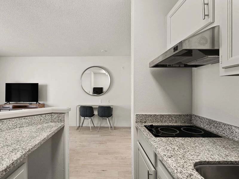 Kitchen with Mirror and Wood Style Flooring | Avia Lofts at North Shore