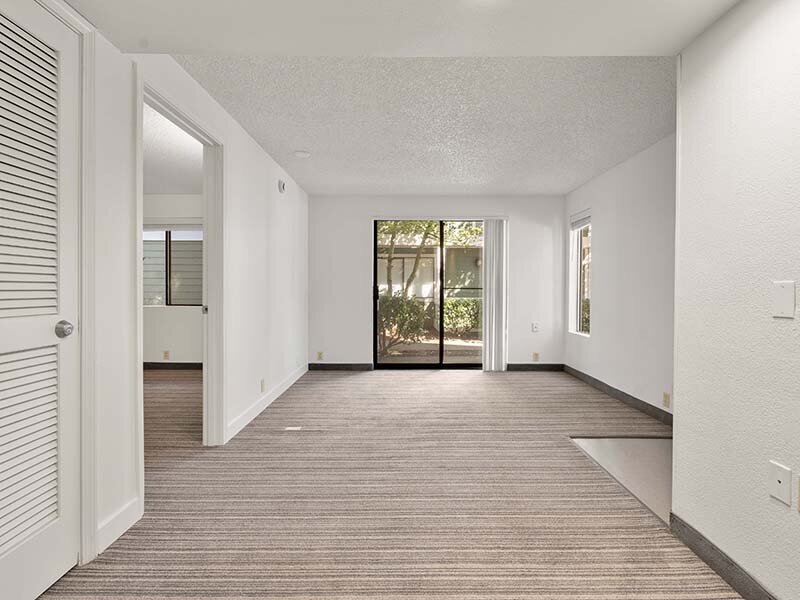 Living Room with View of Patio and Wood Style Flooring | Avia Lofts on Parkway
