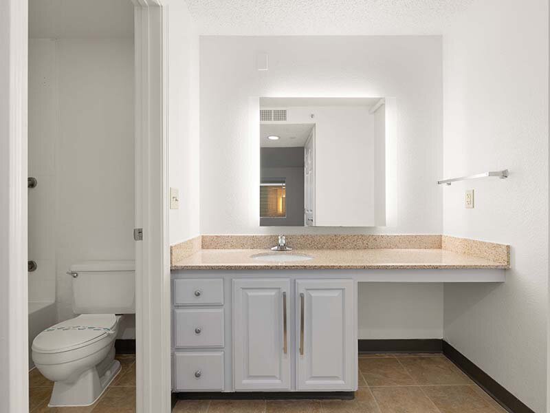 Bathroom with Views of Mirror and Sink | Avia Lofts on Parkway