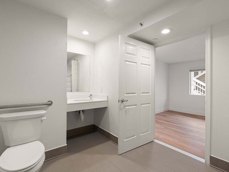 Apartment Bathroom with Views of Bedroom | Avia Lofts on Parkway