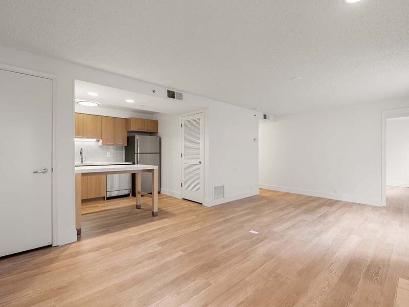 Apartment Kitchen with Wood Style Flooring and Ceiling Lights and Views of Hallway | Avia Lofts on Parkway