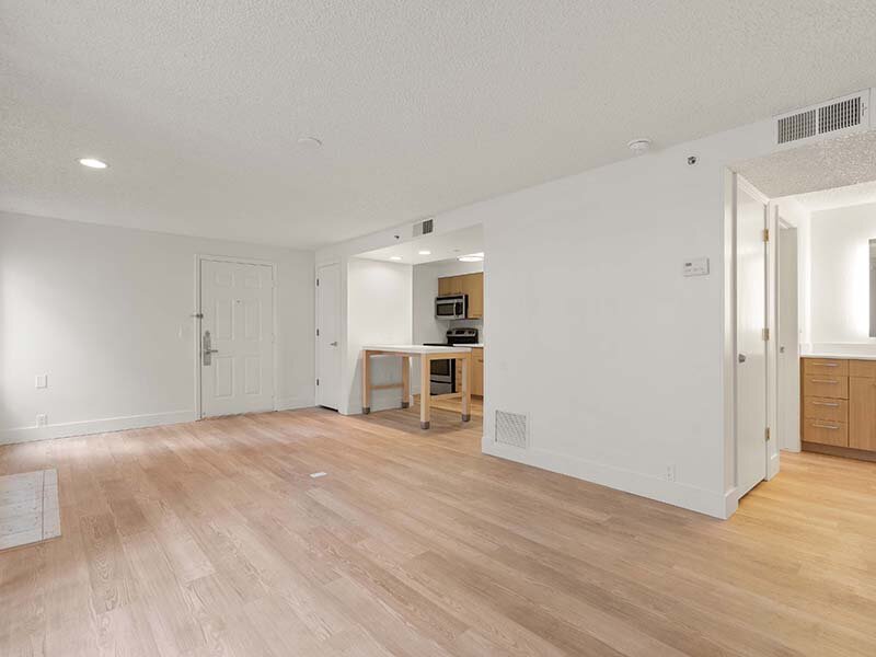 Views of Kitchen and Hallway with Wood Styled Flooring | Avia Lofts on Parkway