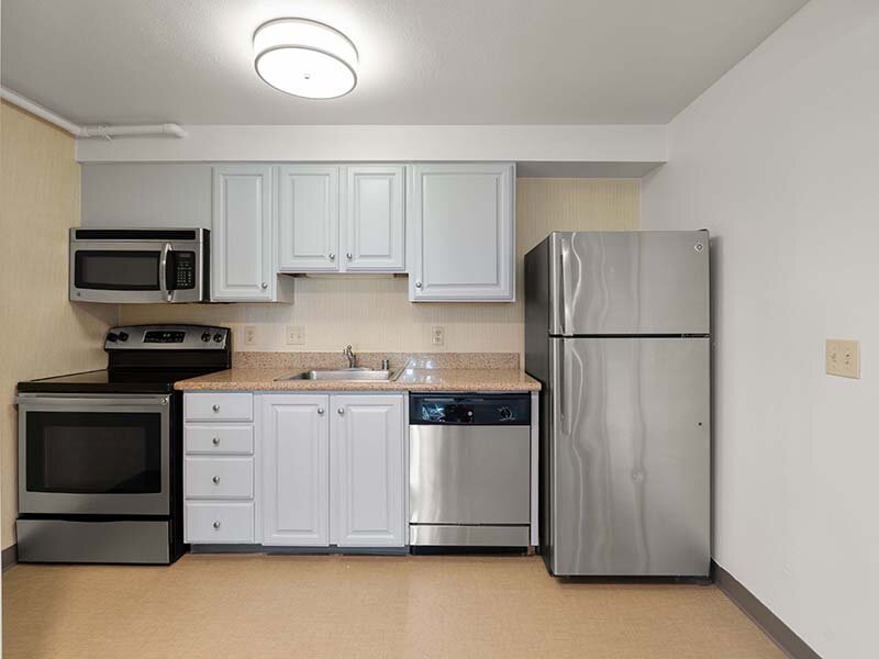 Apartment Kitchen with Appliances and Wood Style Flooring | Avia Lofts on Parkway