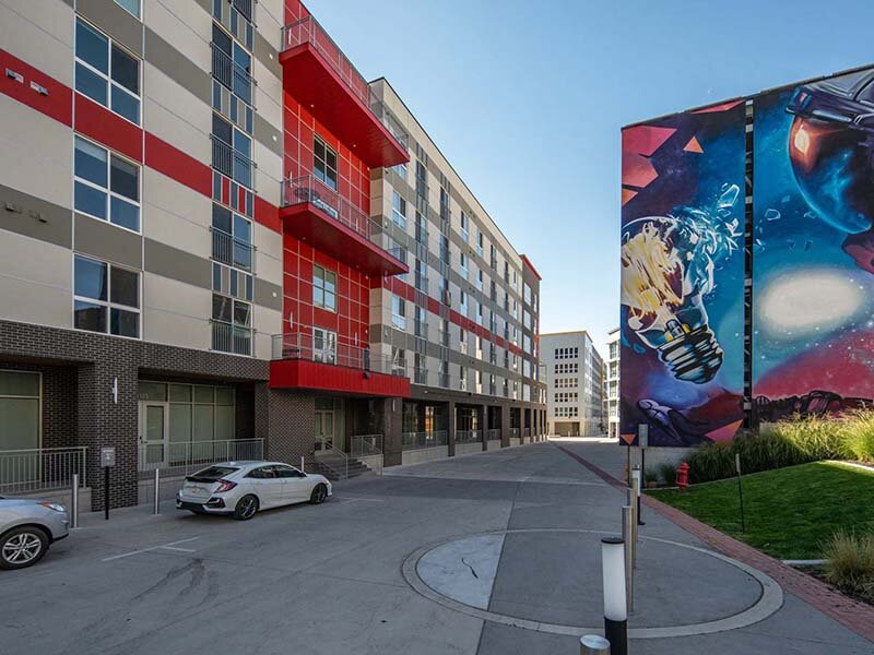 Exterior with Art Mural | Paperbox Lofts