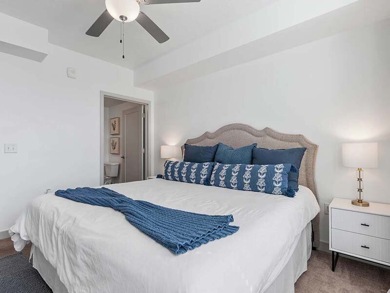 Apartment Bedroom with Ceiling Fan and Light | City View St. George