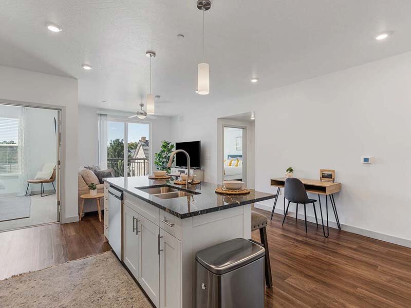 Kitchen Sink with Ceiling Lights and Wood Style Flooring | City View St. George