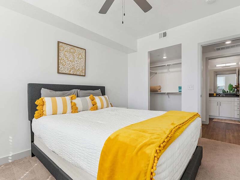 Bedroom with Ceiling Fan and Wall Art | City View St. George