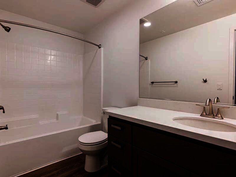 Apartment Bathroom with Wood Style Flooring and View of Shower | Monamos Terrace