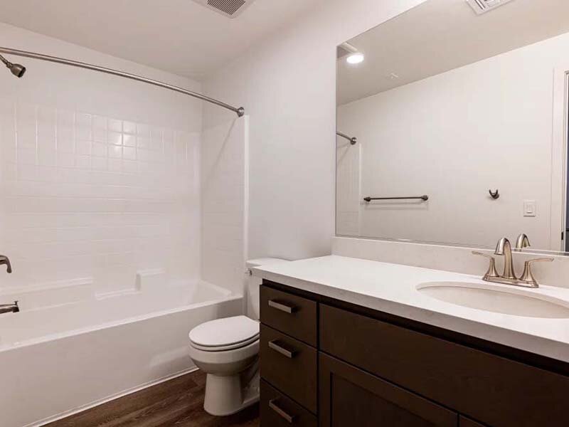 Apartment Bathroom with Wood Style Flooring and View of Shower | Monamos Terrace