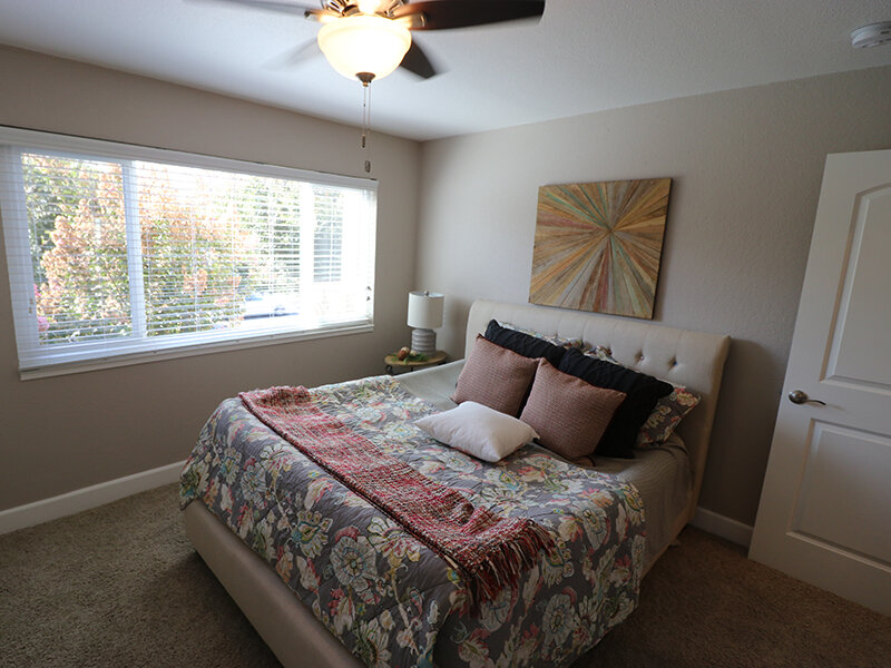Staged Bedroom with Ceiling Fan and View of Windows | Pentagon