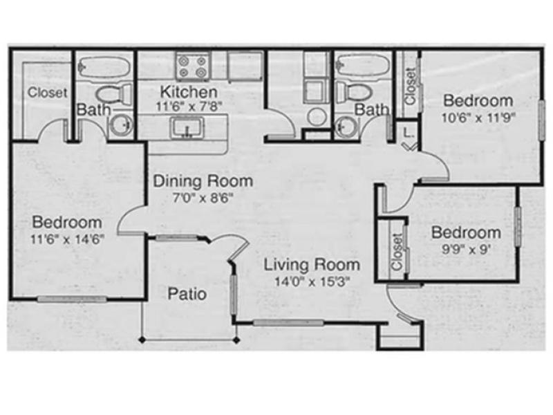 Cypress Springs Apartments Floor Plan 3x2D