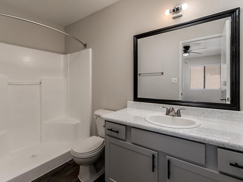 Bathroom with Gray Cabinets | Glenridge Apartments