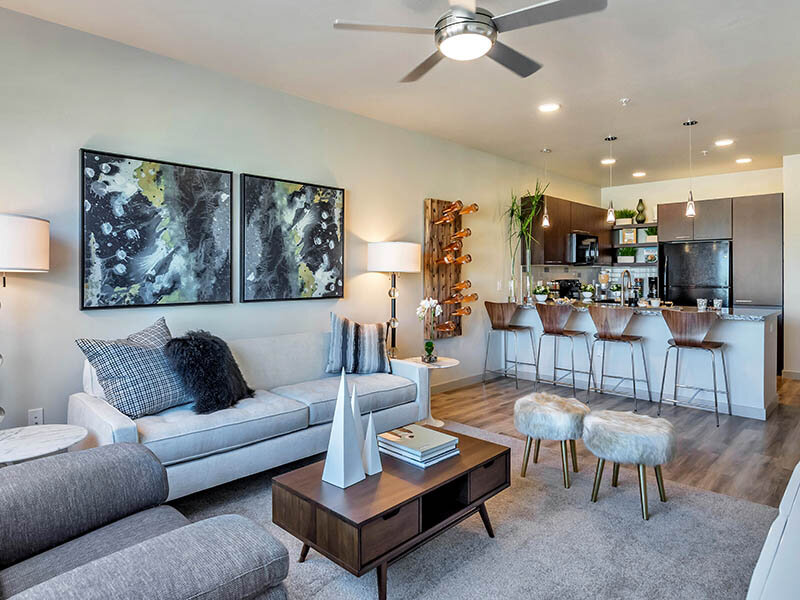 Living Room and Kitchen | The Curve at Melrose Apartments in Phoenix, AZ